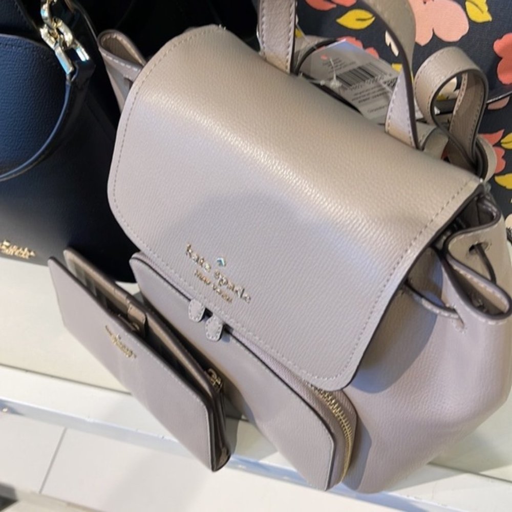 Kate Spade Darcy Flap Backpack & Darcy Large Slim Bifold Wallet Warm Taupe - Picture 4 of 16